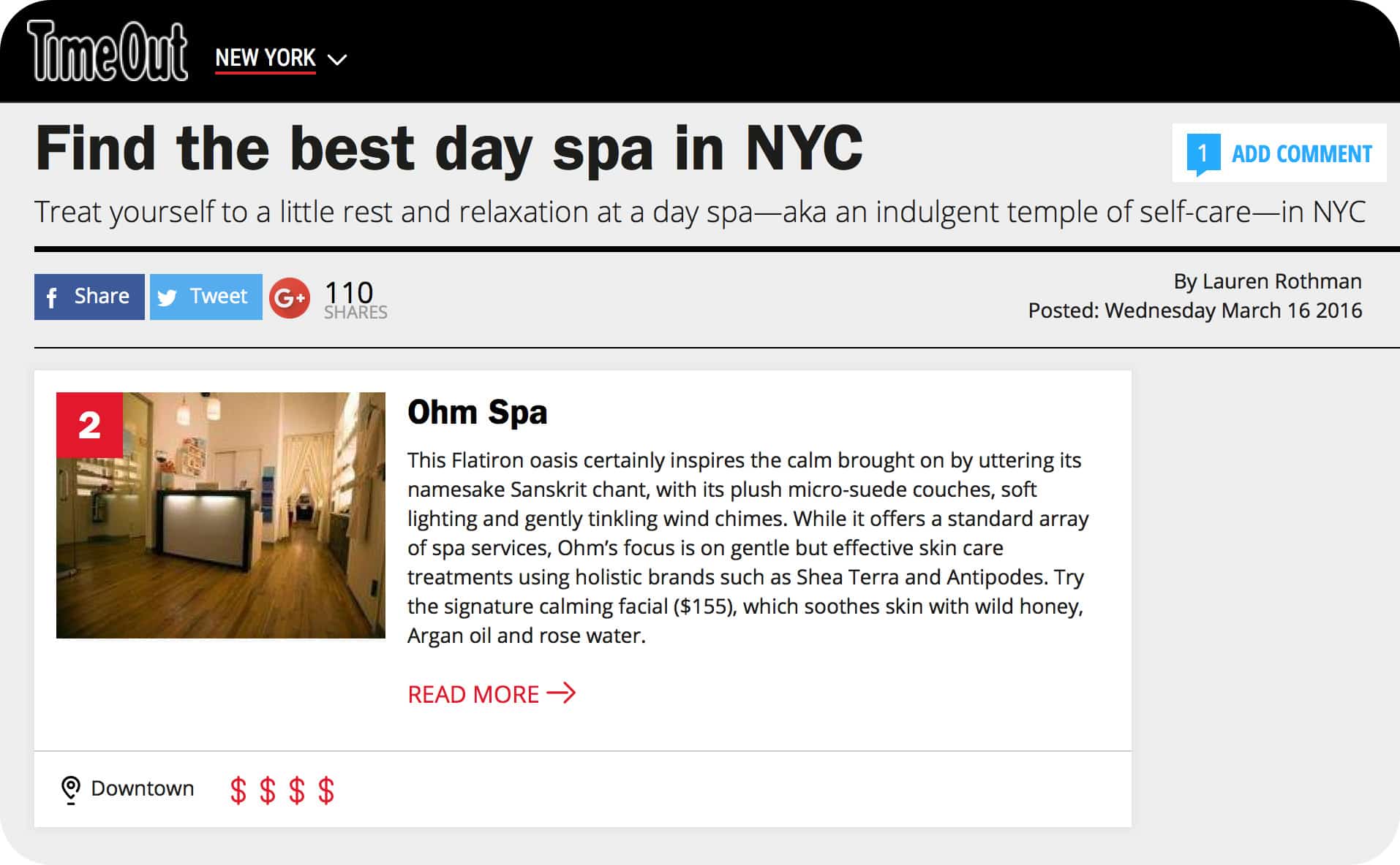 One of TimeOut NY's Best Day Spas in NYC Ohm Spa NYC