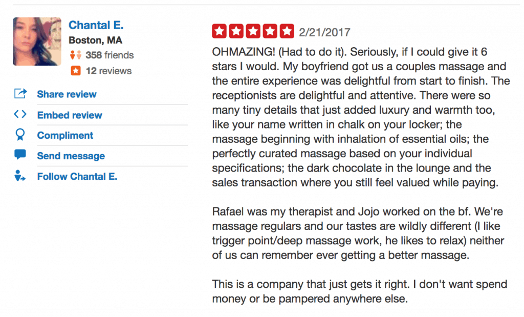 OHMAZING! (Had to do it). Seriously, if I could give it 6 stars I would. My boyfriend got us a couples massage and the entire experience was delightful from start to finish. The receptionists are delightful and attentive. There were so many tiny details that just added luxury and warmth too, like your name written in chalk on your locker; the massage beginning with inhalation of essential oils; the perfectly curated massage based on your individual specifications; the dark chocolate in the lounge and the sales transaction where you still feel valued while paying. Rafael was my therapist and Jojo worked on the bf. We're massage regulars and our tastes are wildly different (I like trigger point/deep massage work, he likes to relax) neither of us can remember ever getting a better massage. This is a company that just gets it right. I don't want spend money or be pampered anywhere else.