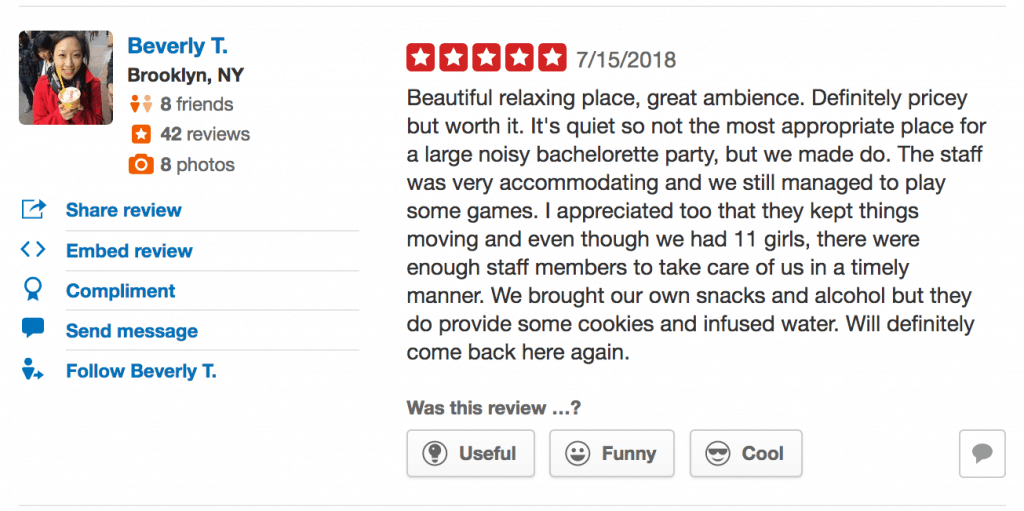 5 Star Review for Ohm Spa, 7.15.2018, Beautiful relaxing place, great ambience. Definitely pricey but worth it. It's quiet so not the most appropriate place for a large noisy bachelorette party, but we made do. The staff was very accommodating and we still managed to play some games. I appreciated too that they kept things moving and even though we had 11 girls, there were enough staff members to take care of us in a timely manner. We brought our own snacks and alcohol but they do provide some cookies and infused water. Will definitely come back here again. - Beverly T.